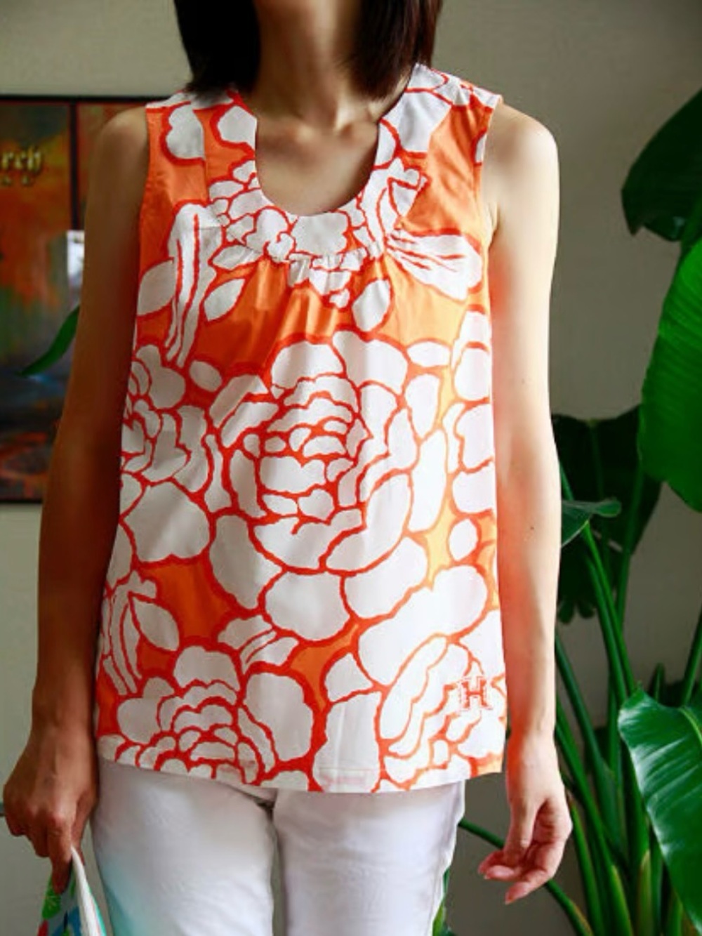 Tory Burch Orange and White Floral Sleeveless Top - size 8
